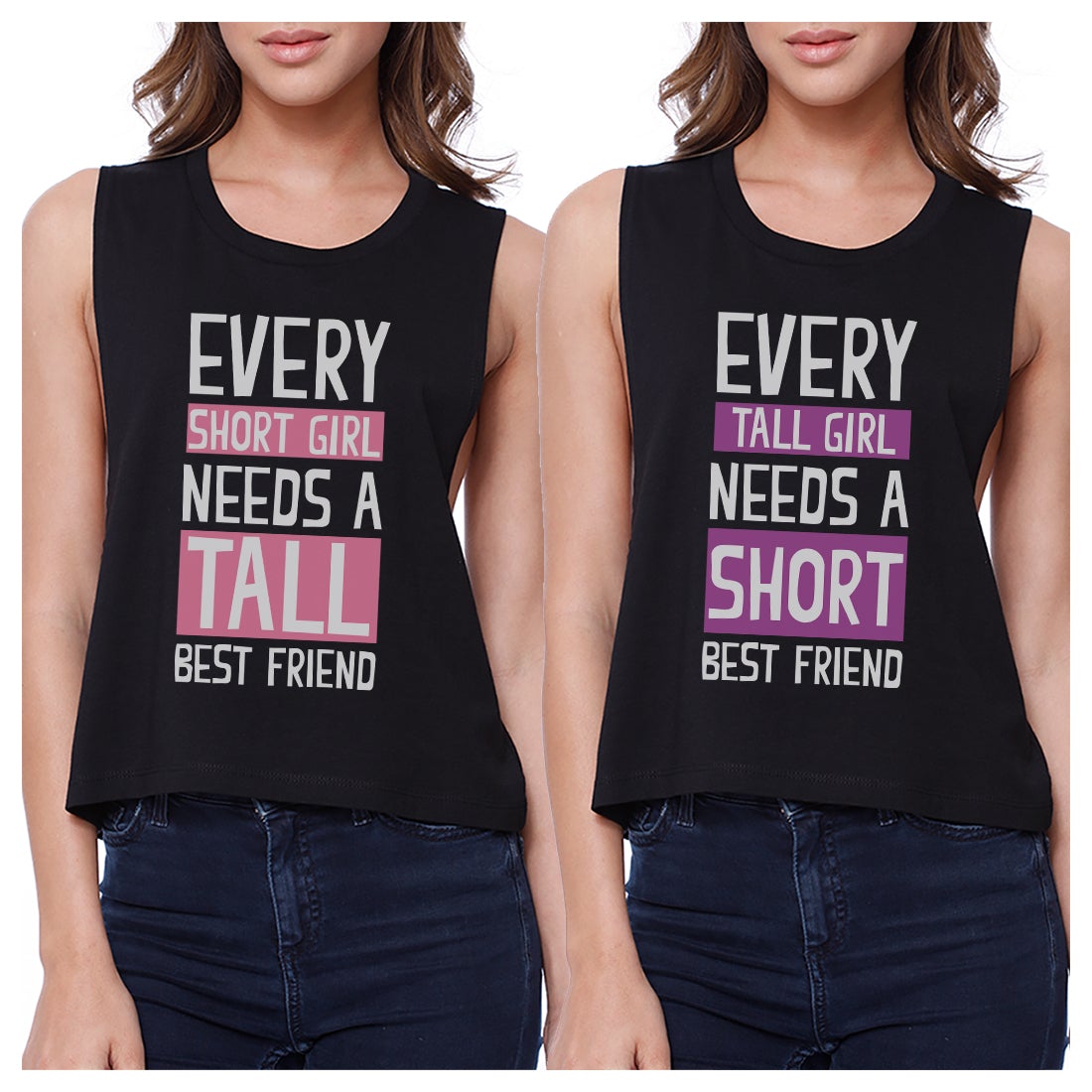Tall Short Friend BFF Matching Crop Top Womens Cute Workout Tanks Black