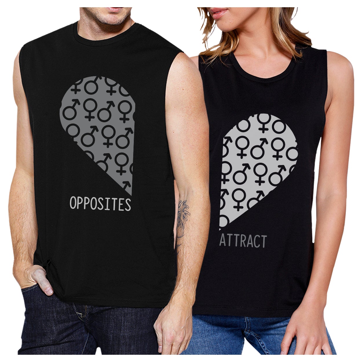 Opposites Attract Male Female Symbols Matching Couple Black Muscle Top