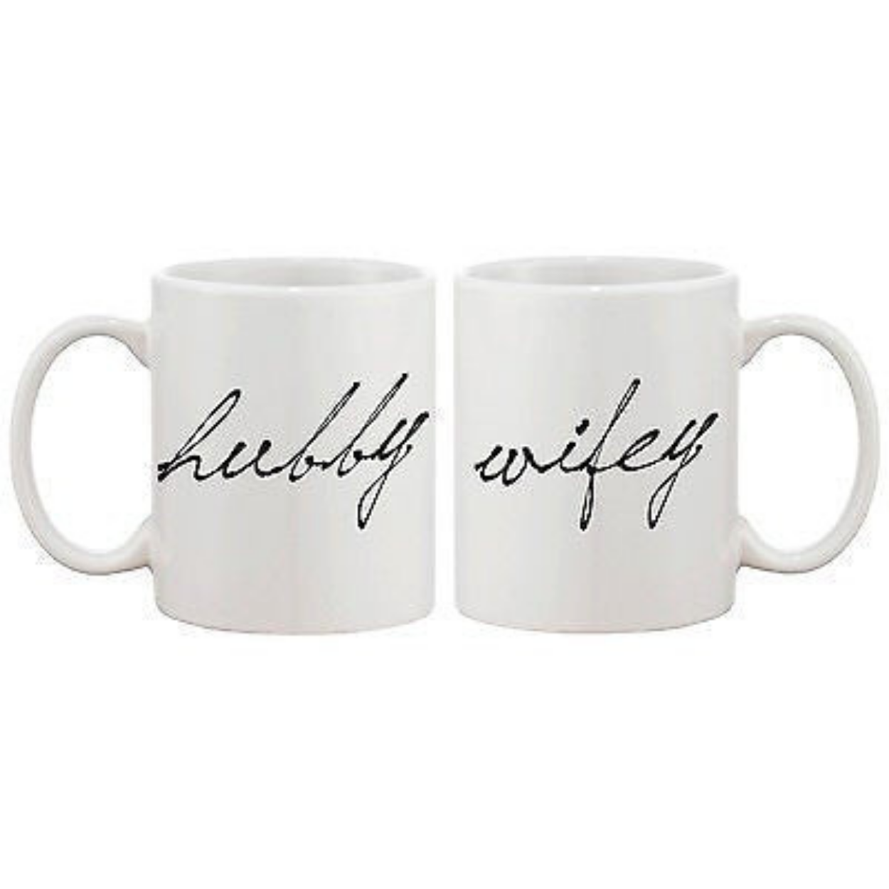 Hubby and Wifey Calligraphy Style Couple Matching Coffee Mugs for Couples White