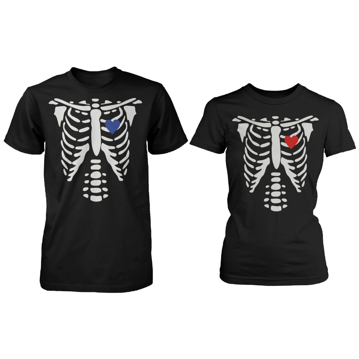 Skeleton Blue And Red Heart Couple T Shirts