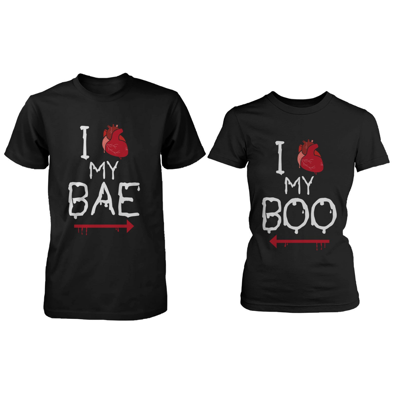 I Heart My Bae And Boo Pointing Each Other Horror Matching Couple T-Shirts For Halloween - 365 In Love