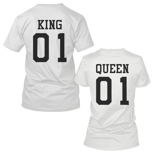 365 Printing King 01 And Queen 01 Matching Graphic T-Shirt Set Cute White Couple Tees - 365 In Love