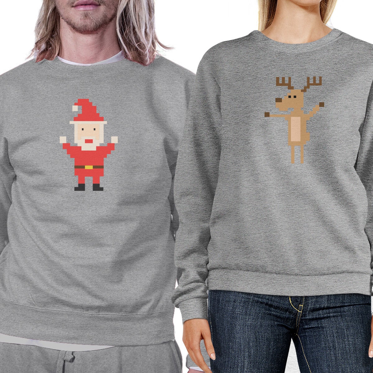 Pixel Santa And Rudolph Couple Sweatshirts Holiday Matching Tops Gray