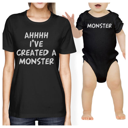 Created A Monster Mom and Baby Matching Gift T-Shirts Baby Bodysuit Black