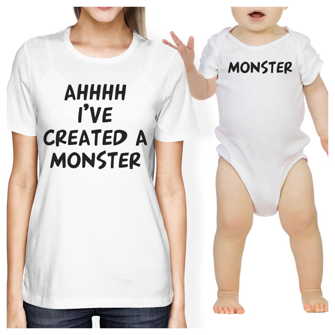 Created A Monster Mom and Baby Matching Gift T-Shirts Baby Jumpsuit White