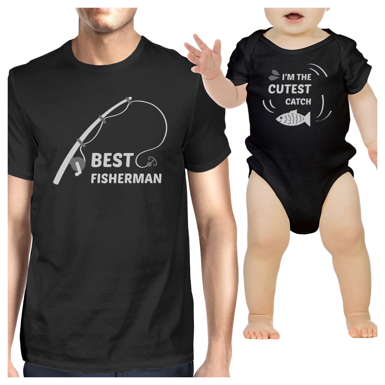 Best Fisherman Cutest Catch Dad and Baby Matching Black Shirts