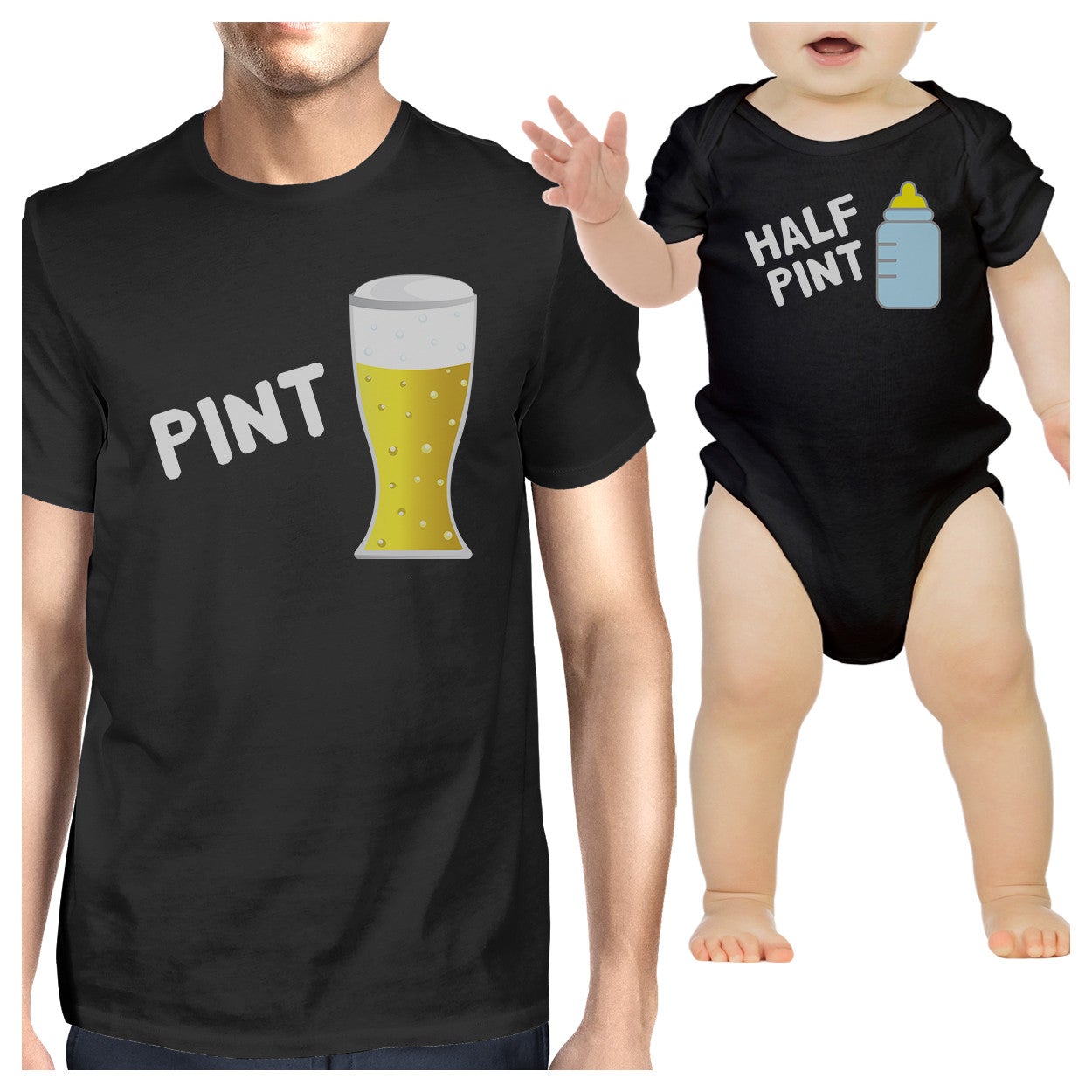 Pint Beer Half Pint Milk Dad and Baby Matching Black Shirts