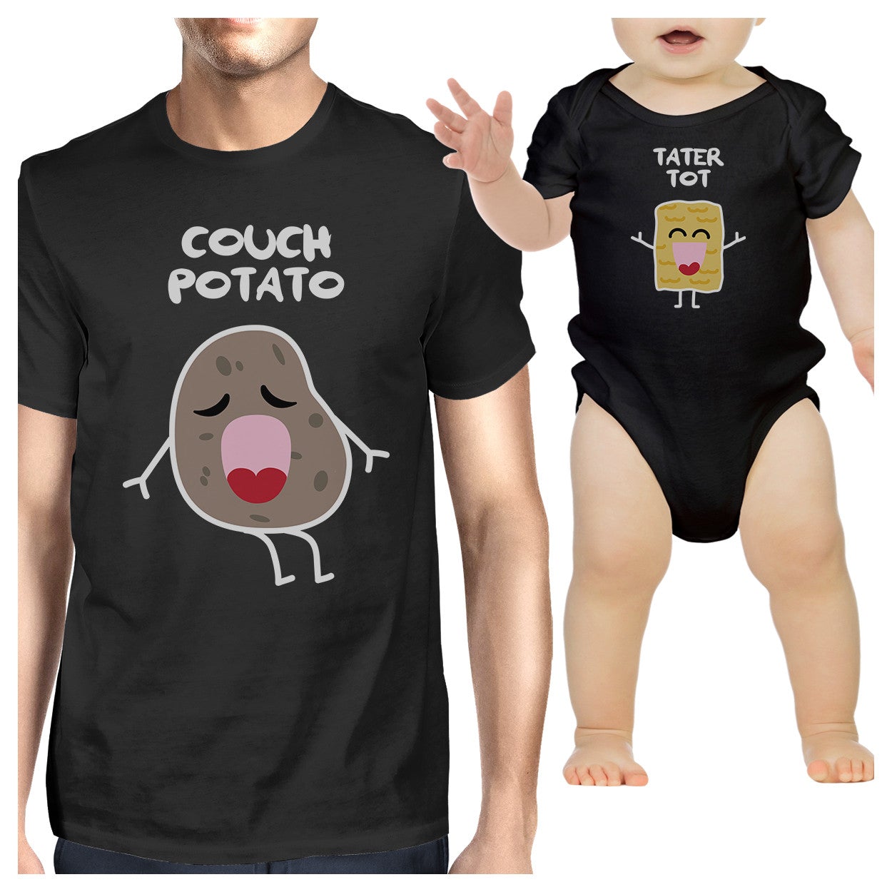 Couch Potato Tater Tot Dad and Baby Matching Black Shirts