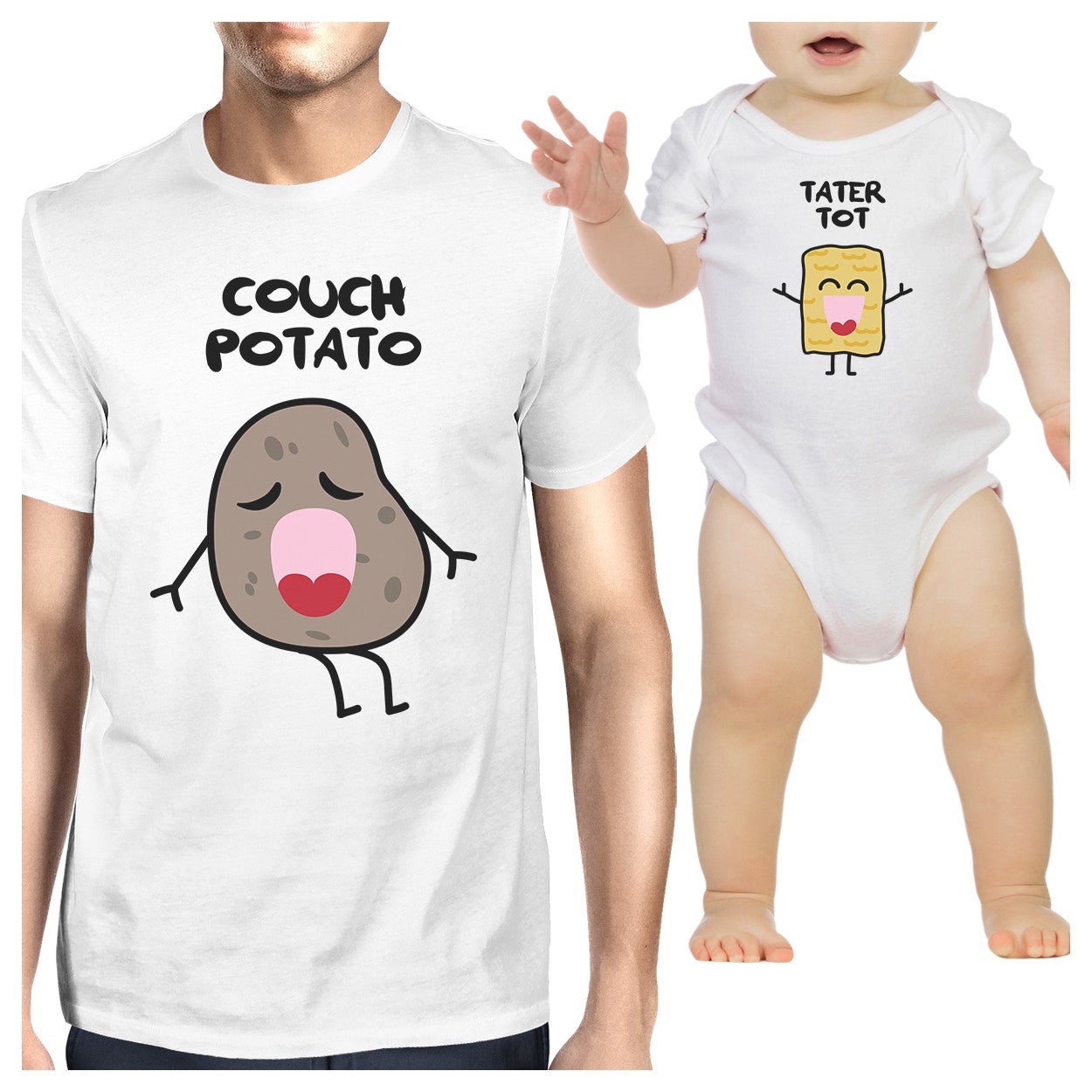 Couch Potato Tater Tot Dad and Baby Matching White Shirts