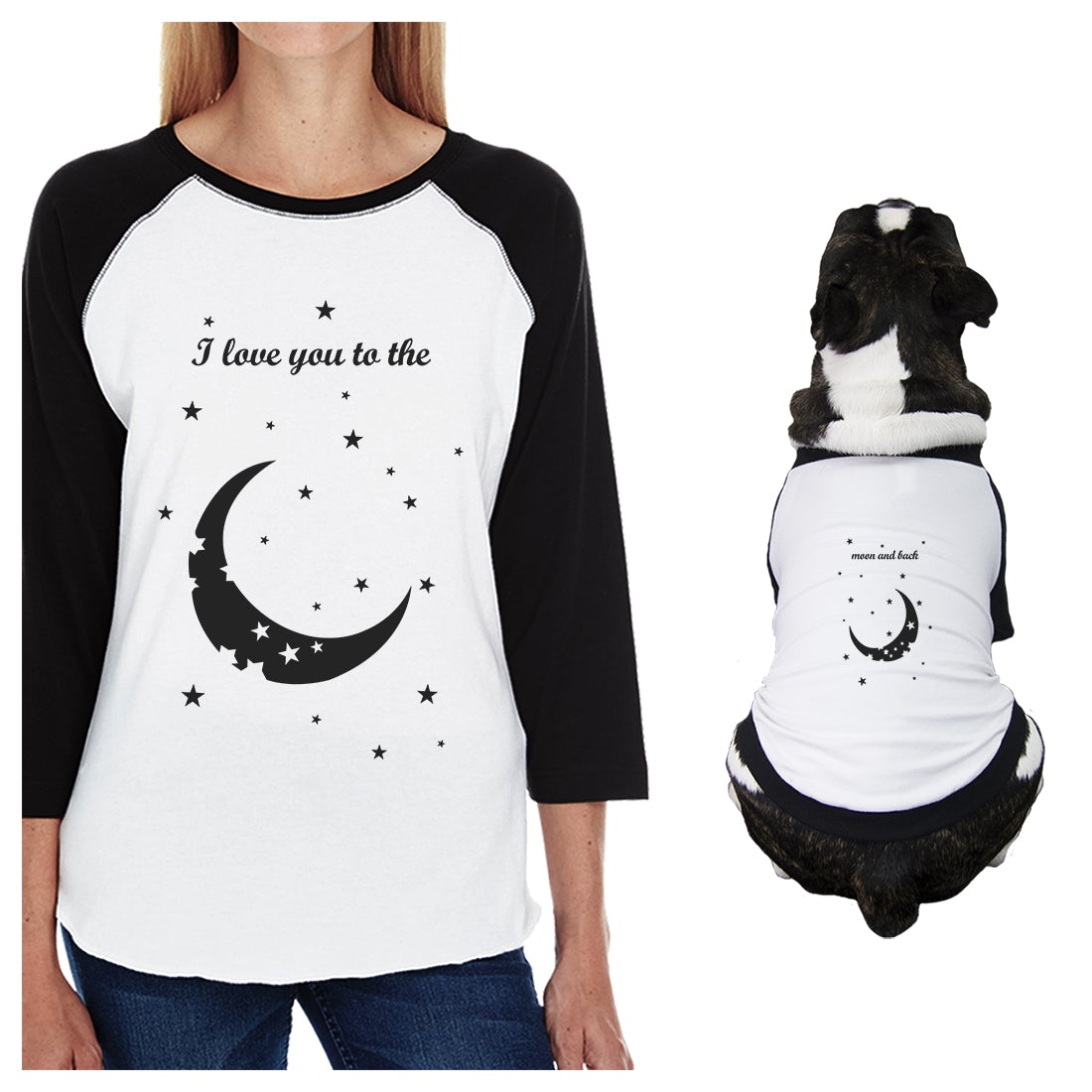Moon And Back Small Dog and Mom Matching Outfits Raglan Tees Cotton Black and White
