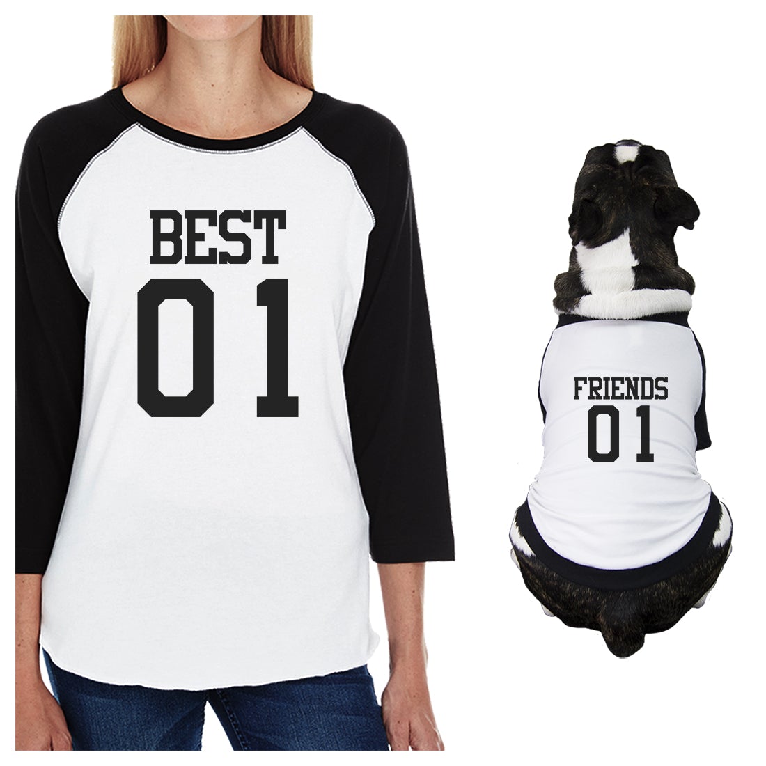 Best01 Friends02 Small Dog and Mom Matching Outfits Raglan Tees Black and White