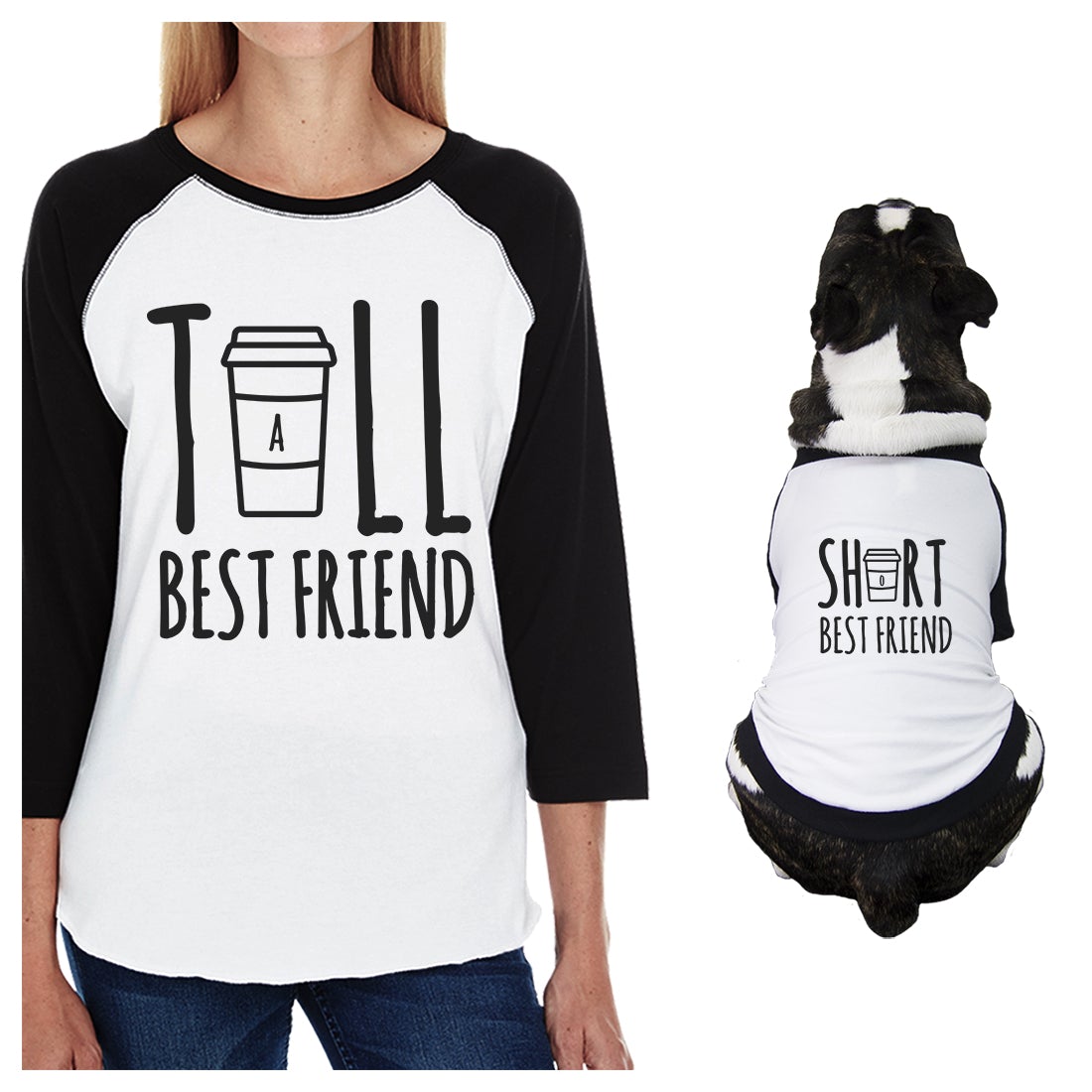Tall Short Cup Small Dog and Mom Matching Outfits Raglan Tees Gifts Black and White