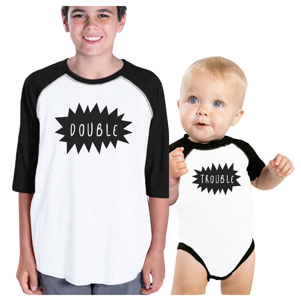 Double Trouble Kid and Baby Matching Black And White Baseball Shirts