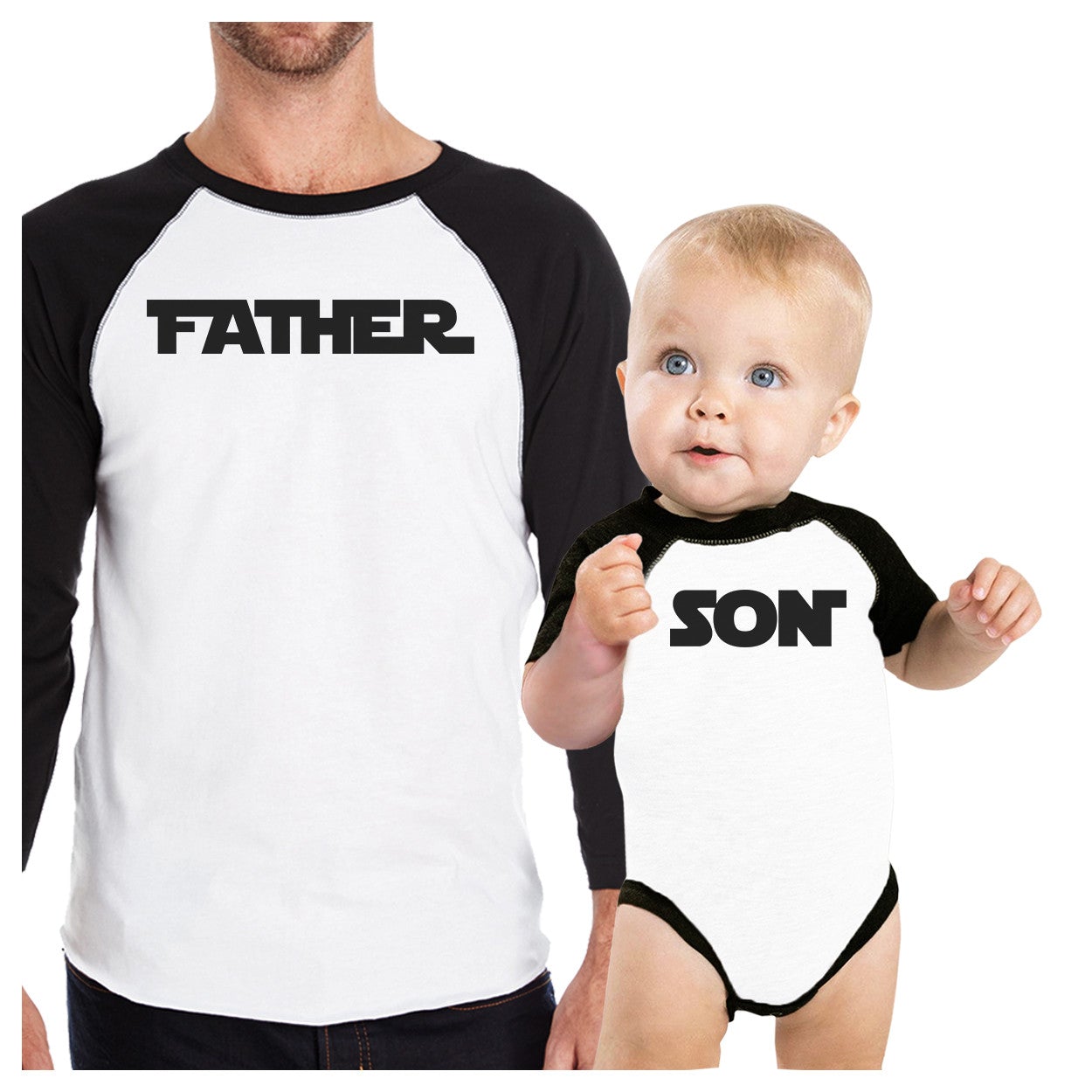 Father Son Star Battle Theme Dad and Baby Matching Black And White Baseball Shirts