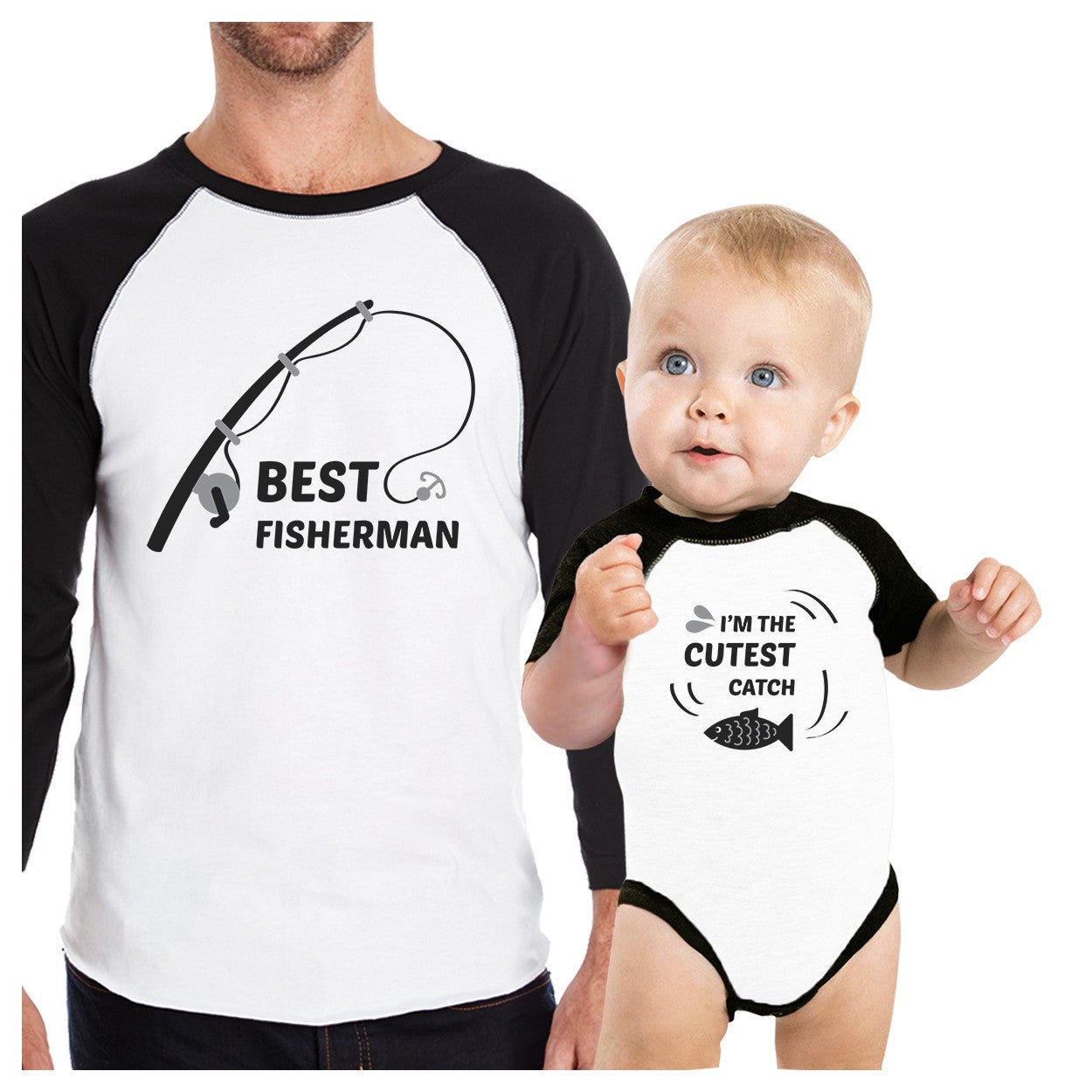Best Fisherman Cutest Catch Dad and Baby Matching Black And White Baseball Shirts