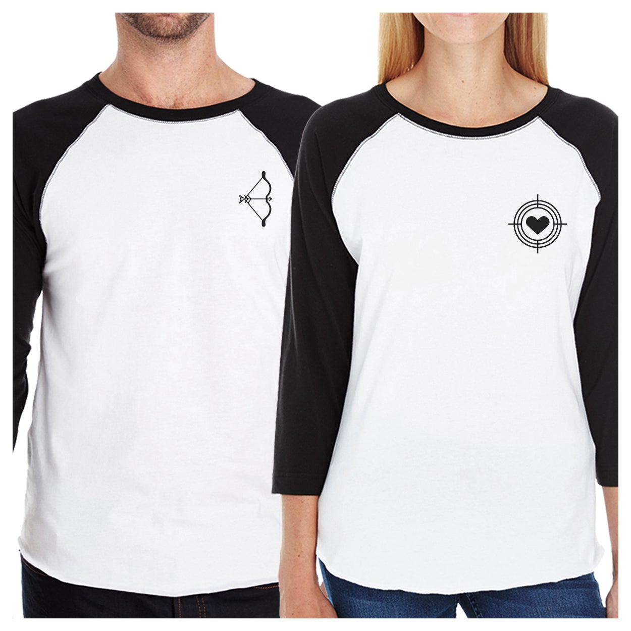 Bow And Arrow To Heart Target Matching Couple Black And White Baseball Shirts