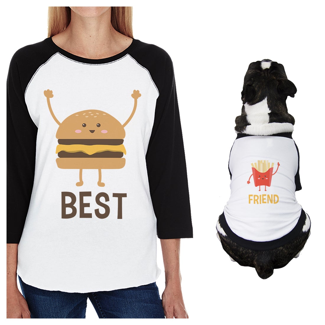 Hamburger And Fries Small Dog and Mom Matching Outfits Raglan Tees Black and White