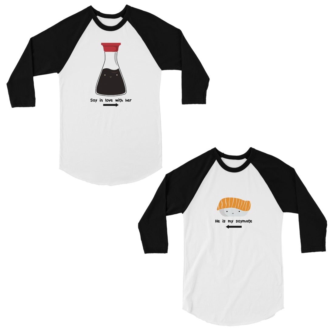 Sushi & Soy Sauce Cute Matching Baseball Shirts For Couples Gift Black and White