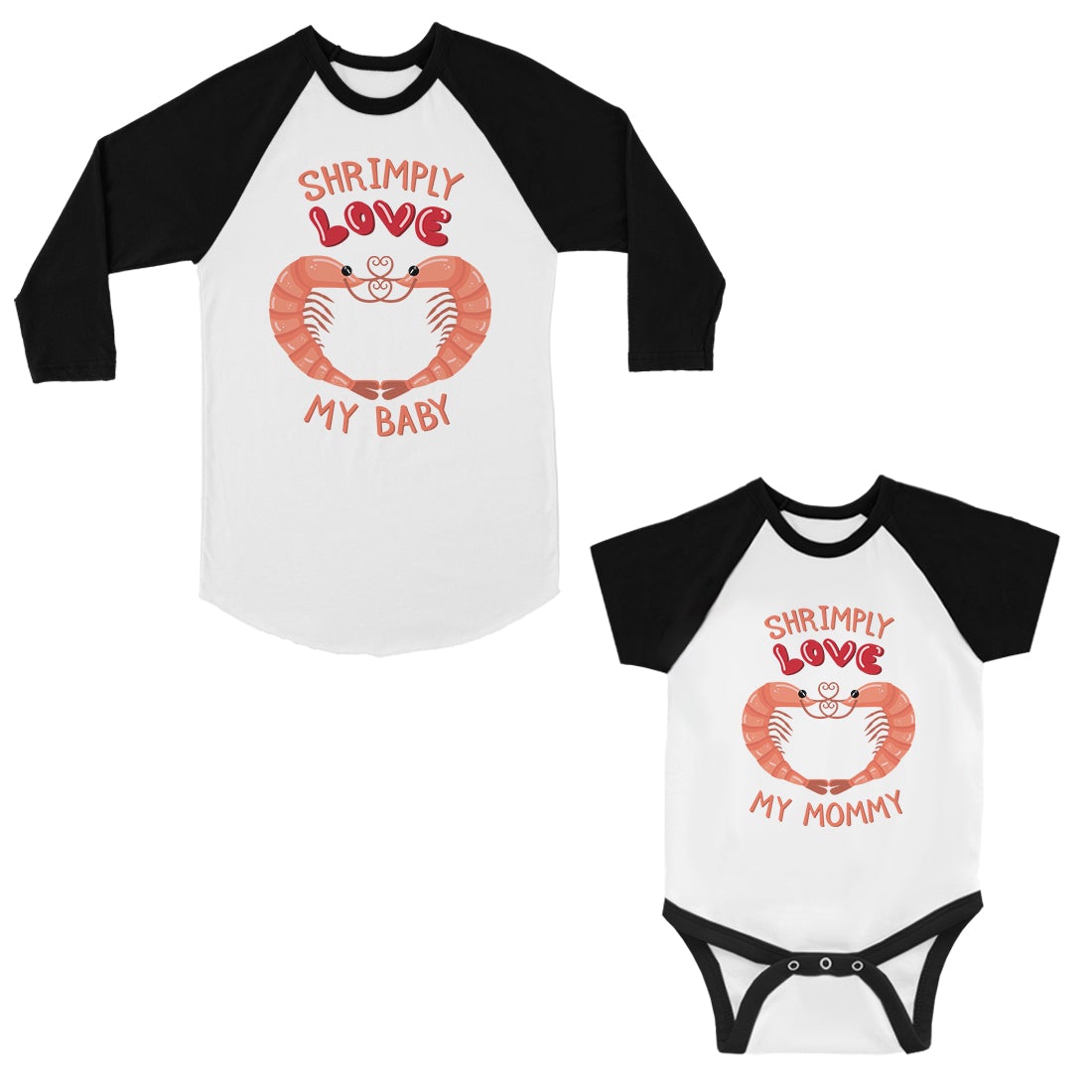 Shrimply Love Baby Mommy Mom and Baby Matching Baseball Shirts Black and White