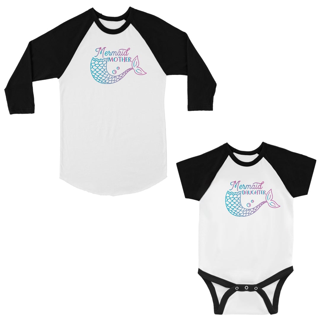 Mermaid Mother Daughter Mom and Baby Matching Baseball Shirts Gift Black and White