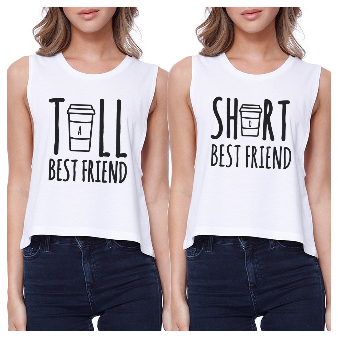 Tall Short Cup BFF Matching Crop Top Womens Graphic Cropped Shirts White