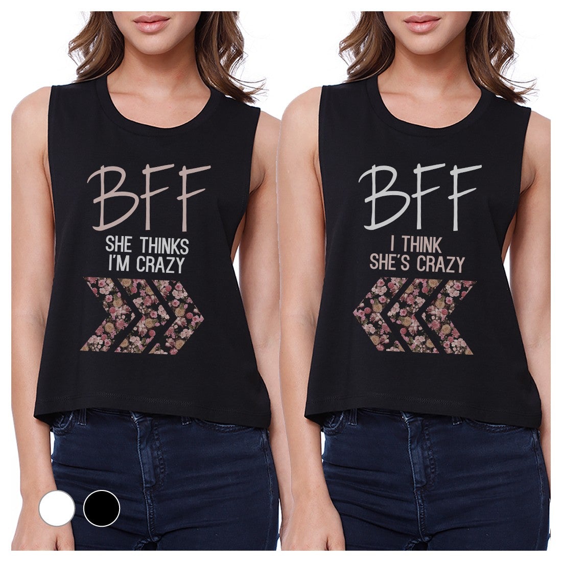 BFF Floral Crazy BFF Matching Crop Top Womens Graphic Cropped Tanks Black
