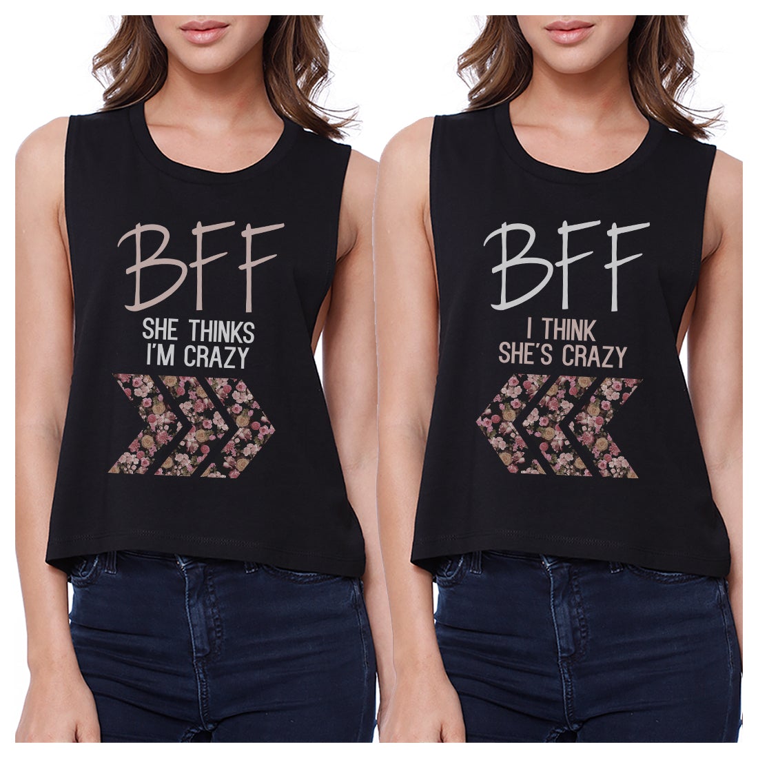 BFF Floral Crazy BFF Matching Crop Top Womens Graphic Cropped Tanks Black