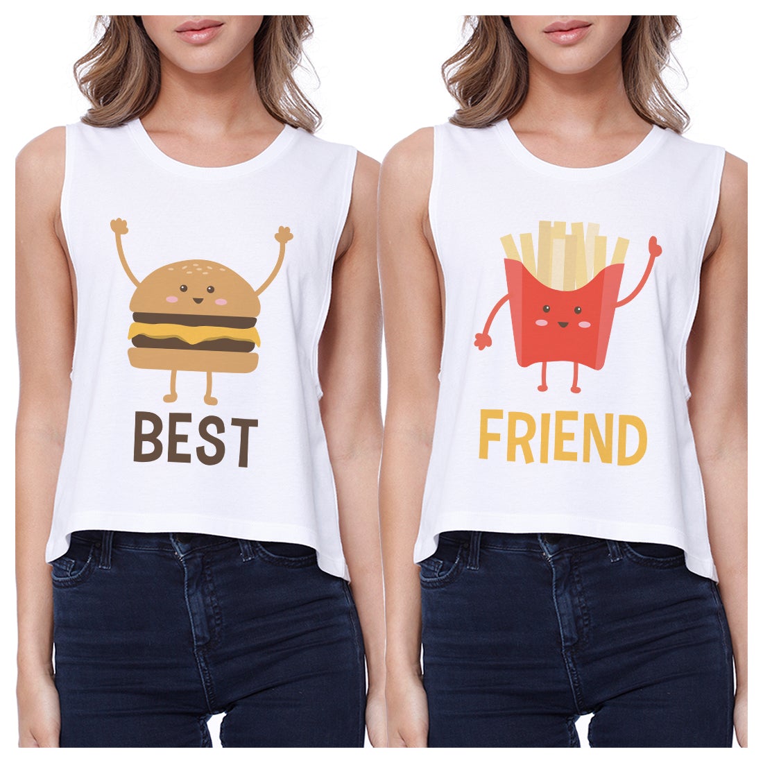 Hamburger And Fries BFF Matching Crop Top Womens Graphic Tanks White