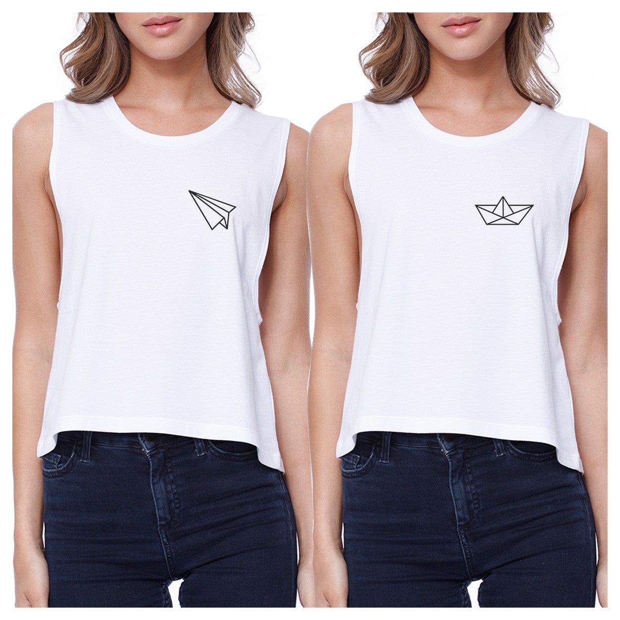 Origami Plane And Boat BFF Matching White Crop Tops