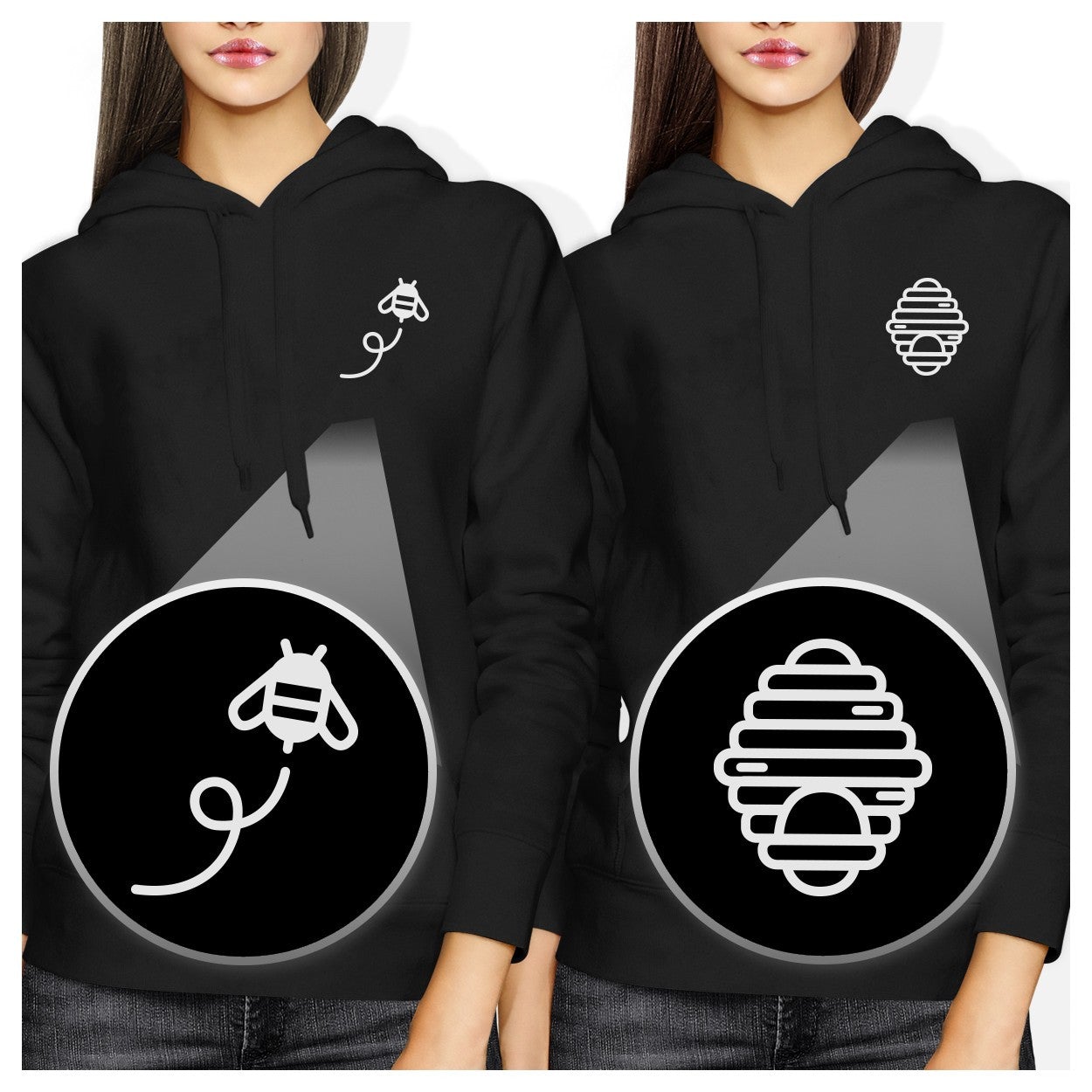 Honey Comb And Bee Pocket BFF Hoodies Matching Hooded Sweatshirts Black