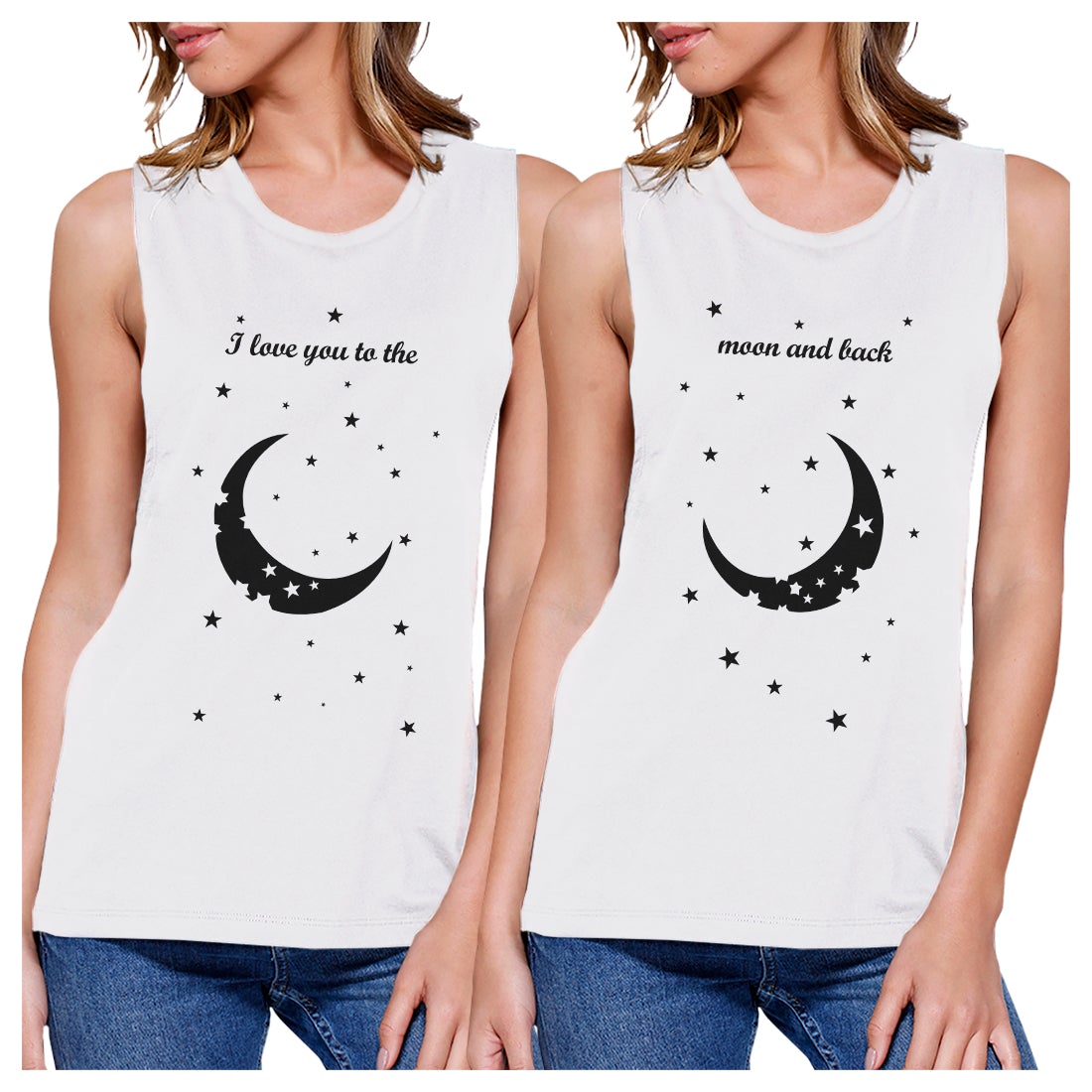 Moon And Back BFF Matching Tank Tops Womens Funny Workout Gifts White