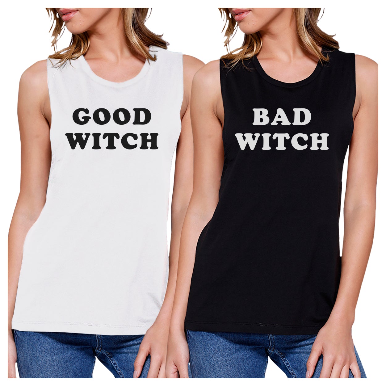 Good Witch Bad Witch BFF Matching White and Black Muscle Tops