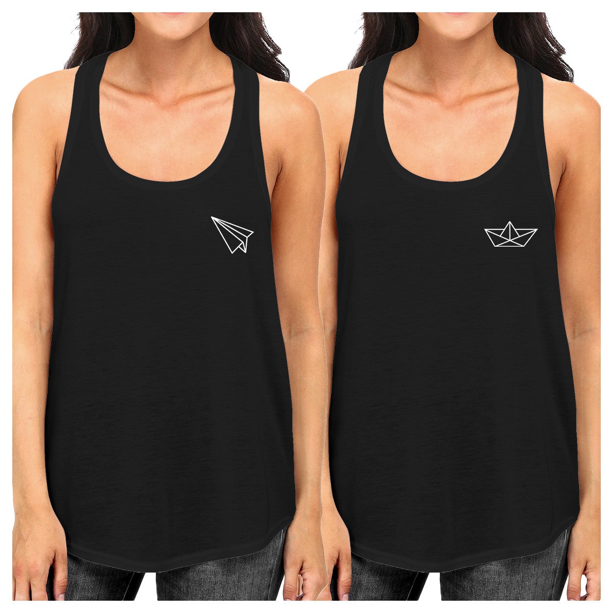 Origami Plane And Boat BFF Matching Black Tank Tops