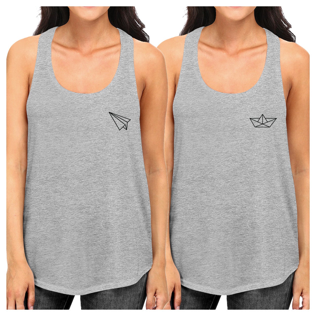 Origami Plane And Boat BFF Matching Grey Tank Tops