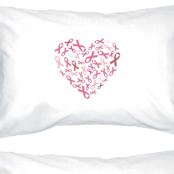 Pink Ribbon Heart White Pillowcases