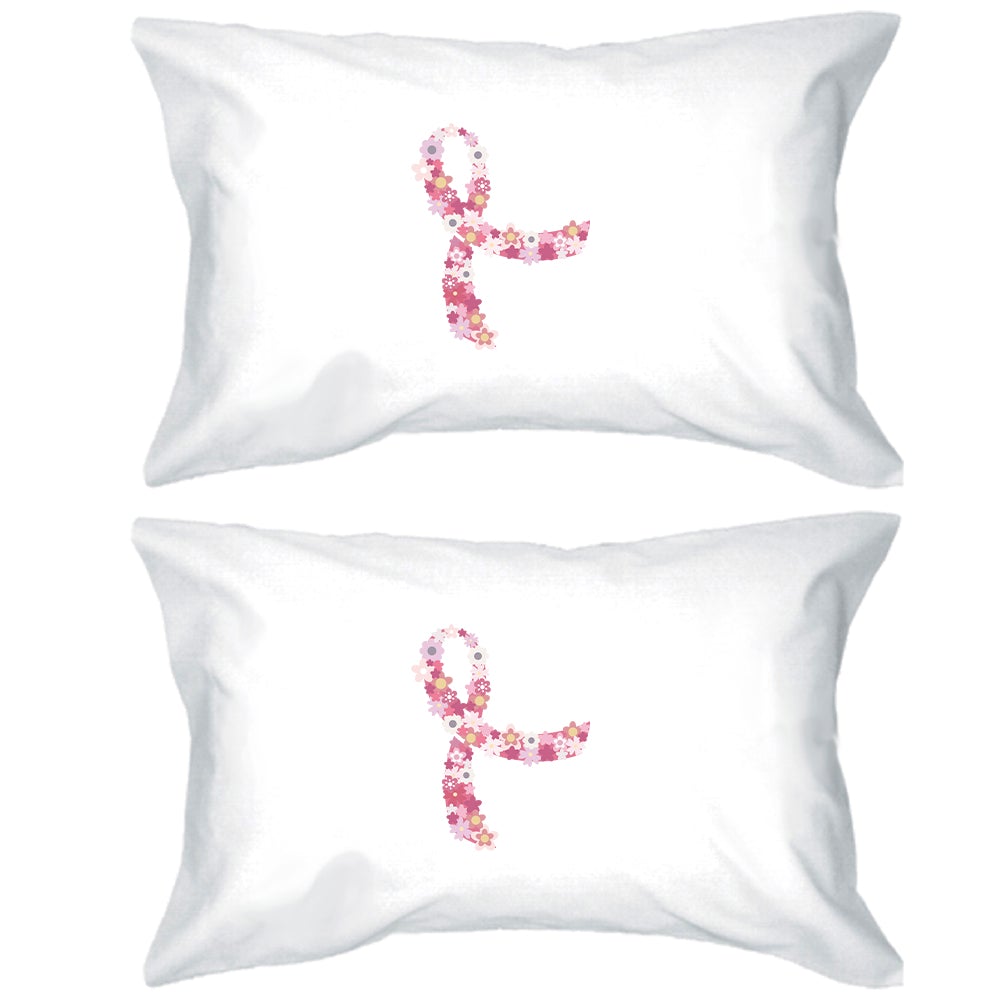 Pink Floral Ribbon White Pillowcases