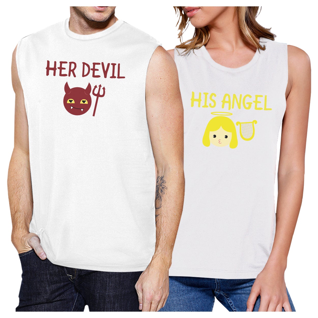Her Devil His Angel Matching Couple White Muscle Top