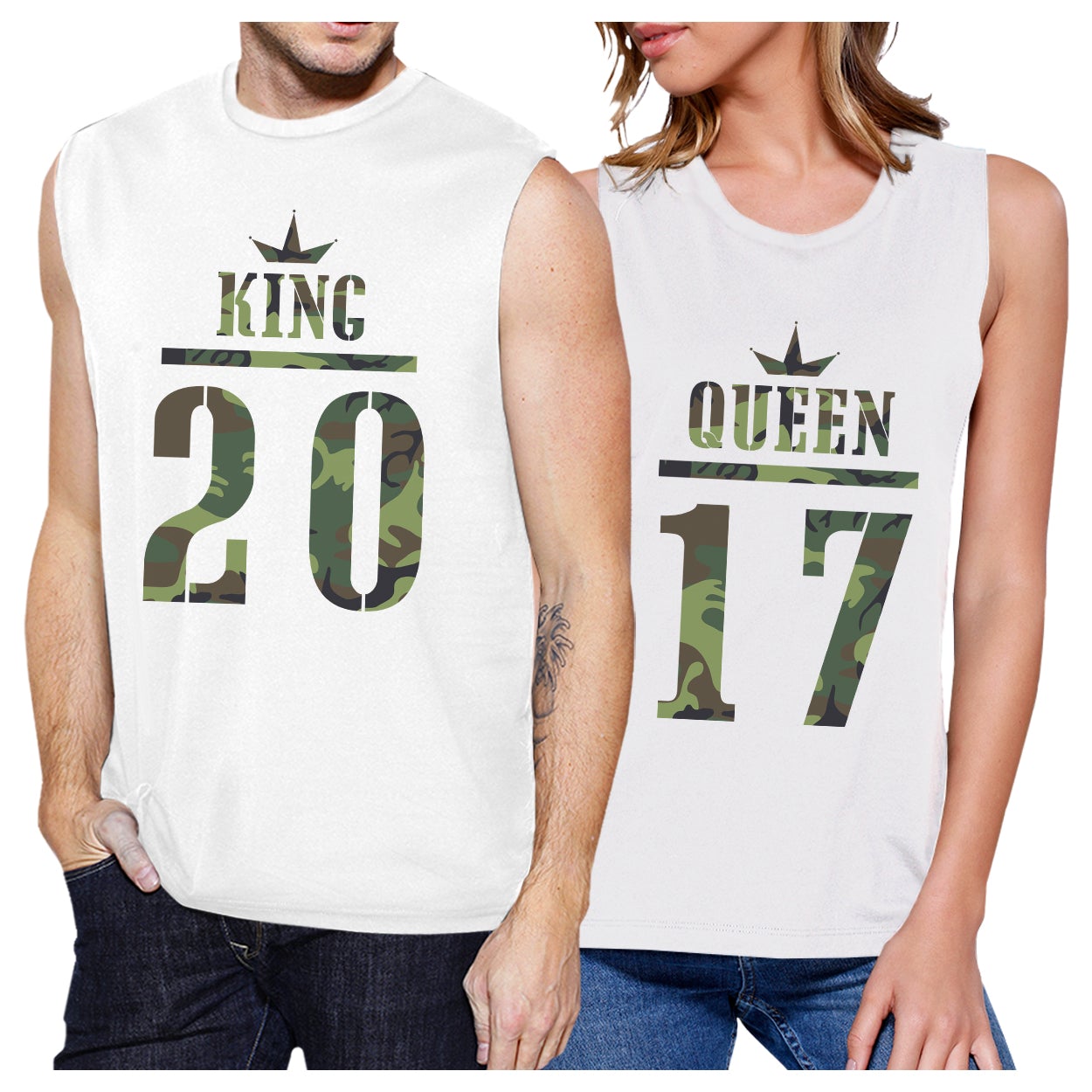 King And Queen Military Pattern Custom Matching Couple White Muscle Top